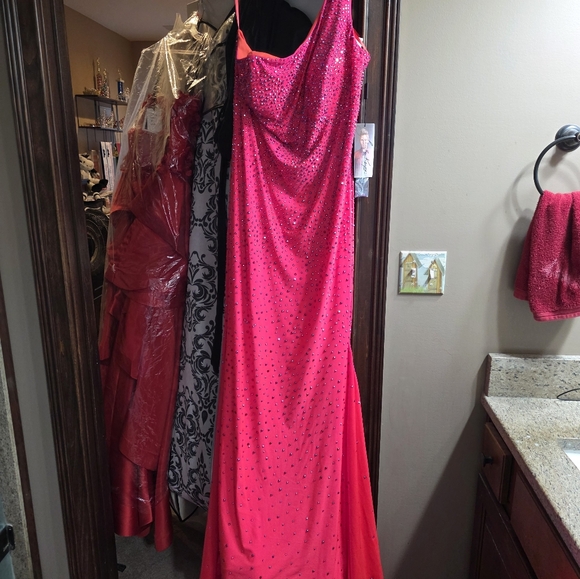 Elegant Watermelon One-Shoulder Evening Gown - Picture 3 of 3